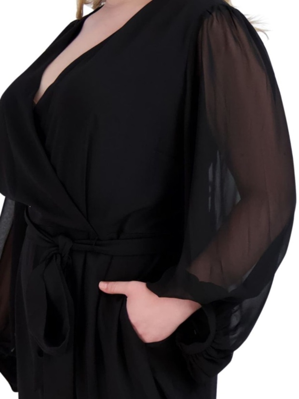 Donna Ricco women's solid black jumpsuit featuring sheer sleeves - Picture 8 of 12